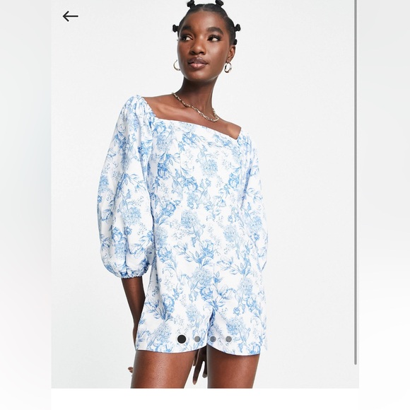 River Island floral puff sleeve romper in light blue floral toile - Picture 4 of 5